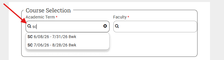 Screenshot of the BU Resource Center's course selection form showing academic term and faculty search fields.