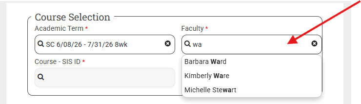 Screenshot of Course Selection form showing academic term, faculty, and course ID fields for student registration.