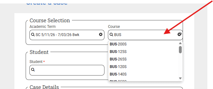 Screenshot of the BU Resource Center course selection page showing a dropdown menu with various course codes including BUS-200S, BUS-125S, and BUS-265S.