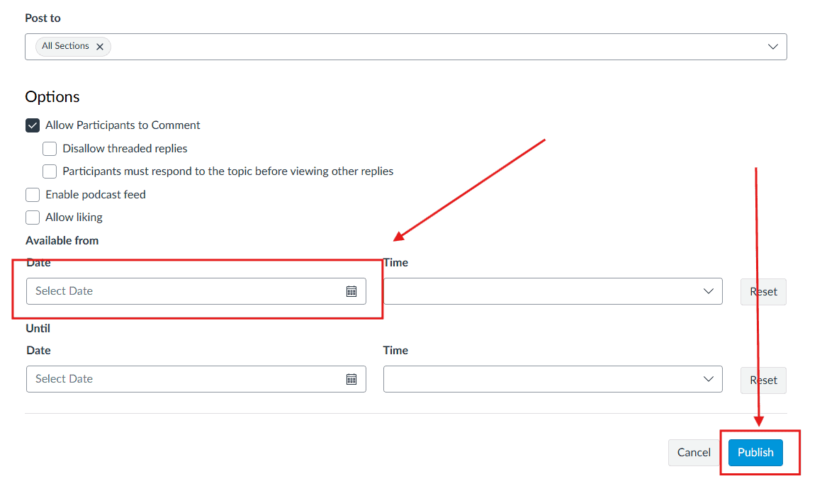 A screenshot of a settings form with red boxes highlighting date fields and the submit button.