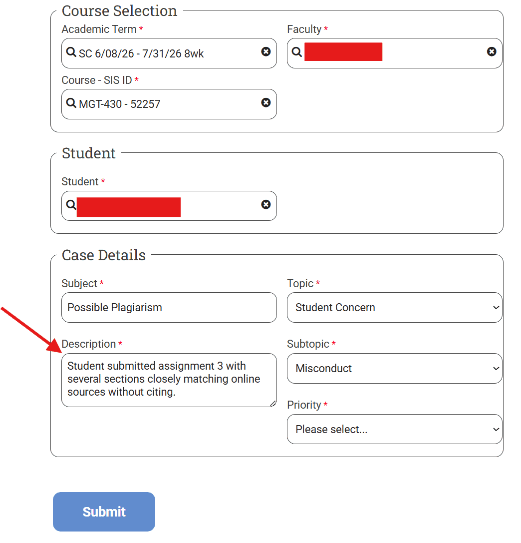 Screenshot of BU Resource Center Student At-Risk Form with fields for course, student, and case details.