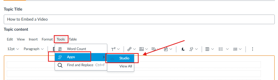 A content editor toolbar highlighting the Tools, Apps, and Slides buttons with red boxes.