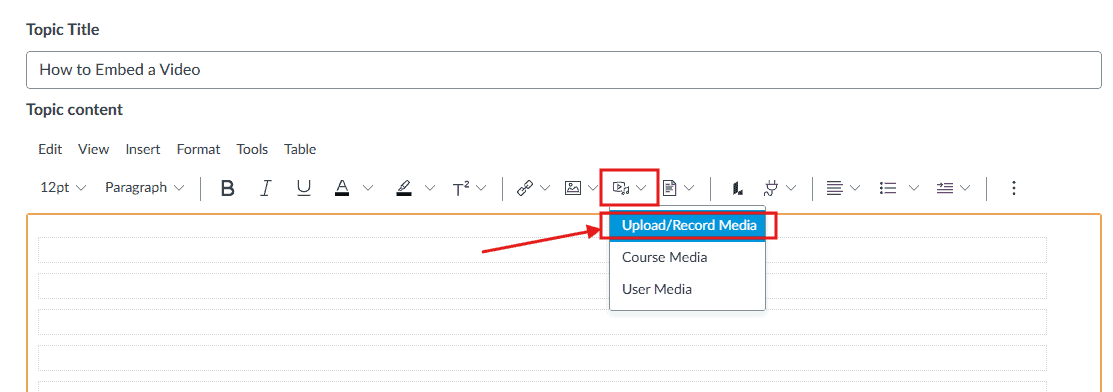 Screenshot of a web editor toolbar showing the Media button with an open dropdown menu for media uploads.