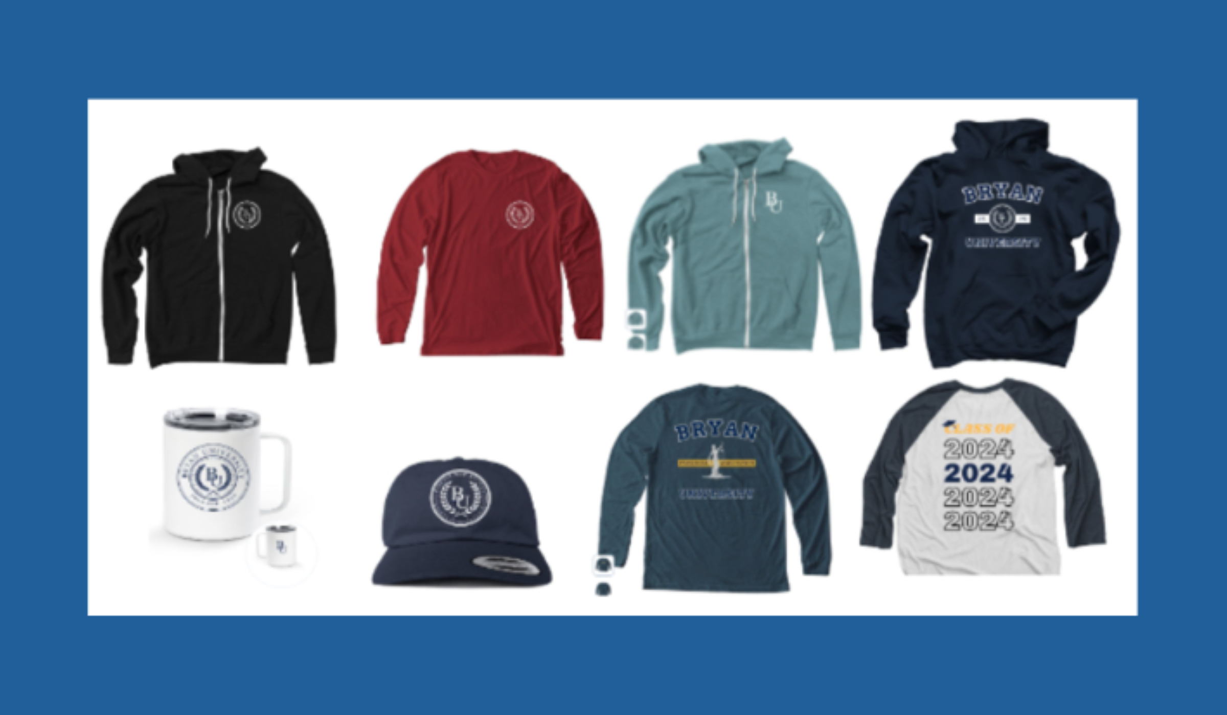 A collection of apparel including hoodies, a baseball tee, a cap, and a mug.