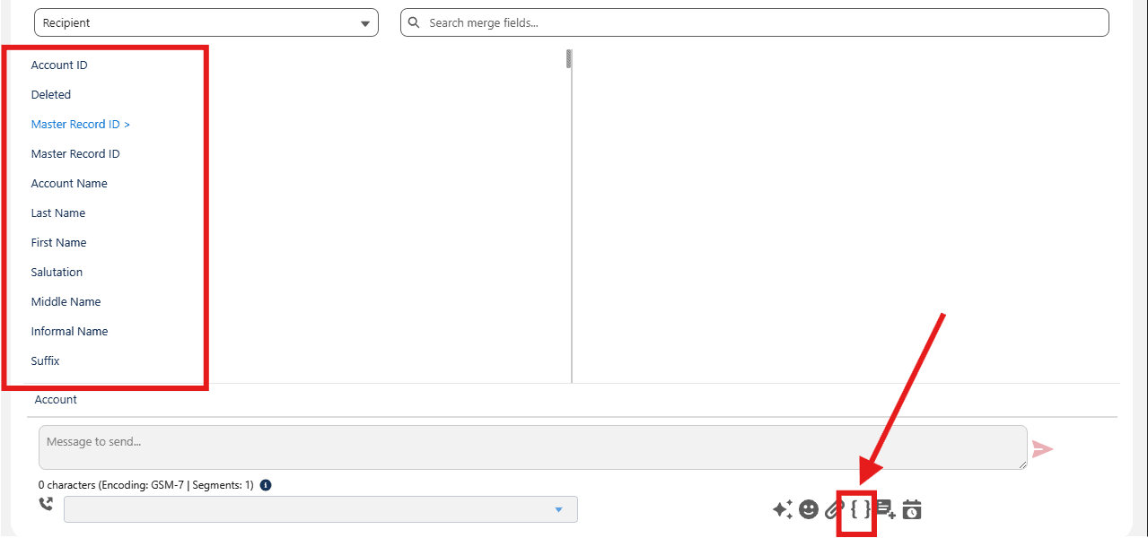Screenshot of Salesforce SMS messaging interface showing contact list and message options.
