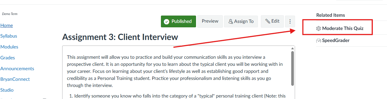 A red arrow highlights the moderate this quiz button on an online assignment page.