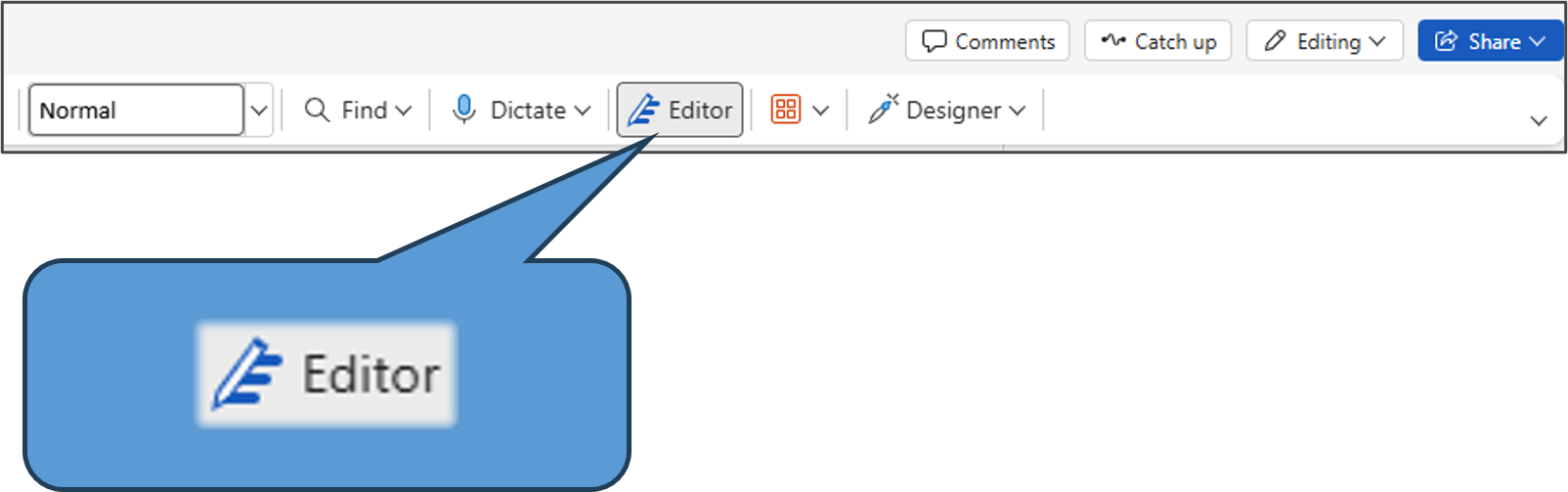 A blue callout box points to the Editor button in a software toolbar.