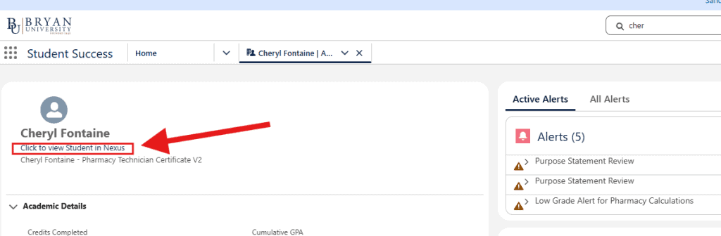Screenshot of BU Resource Center page showing a student in Nexus and academic details for Cheryl Fontaine.