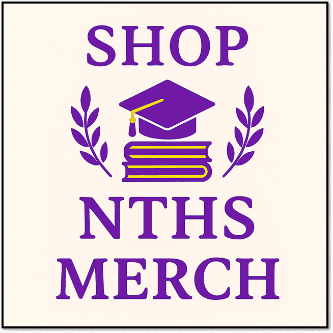 Promotional graphic for NTHS merchandise featuring a graduation cap, books, and laurel leaves in purple, encouraging students to shop for NTHS branded apparel and accessories.