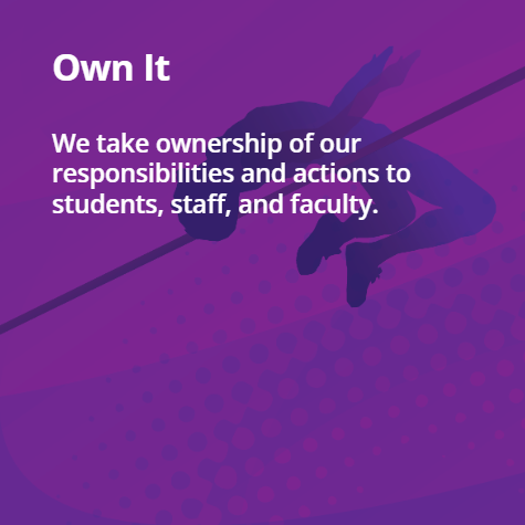 Purple graphic stating we take ownership of responsibilities to students, staff, and faculty alongside a climbing silhouette.