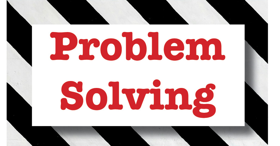 Visual representation of problem solving with bold red text on a striped black and white background, emphasizing critical thinking skills at BU Resource Center.