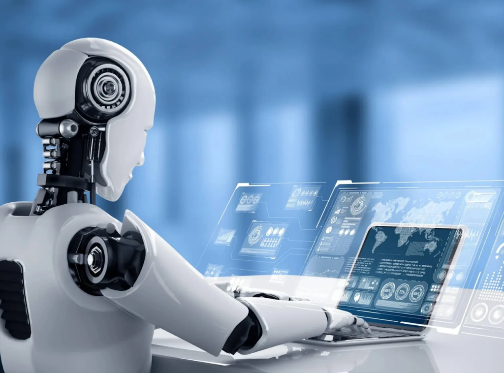 Futuristic robot working with digital interfaces, symbolizing AI technology's role in academic integrity and modern learning environments.