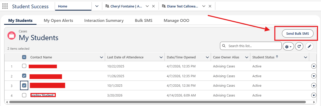 Screenshot of Salesforce SMS messaging feature showing 'Send Bulk SMS' button for student communication.