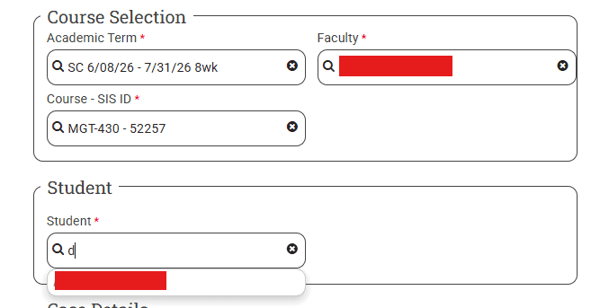 BU Resource Center image showing course selection and student form for academic support.