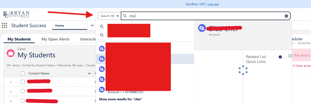 Screenshot of Bryan University student portal showing search bar with 'cher' query and search results.