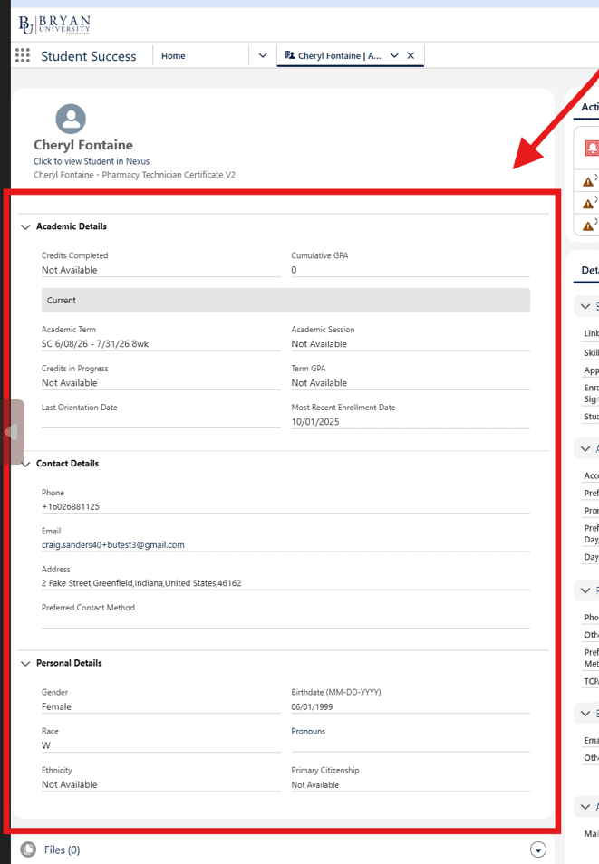 Screenshot of Cheryl Fontaine's student profile on Bryan University portal, showing academic, contact, and personal details.