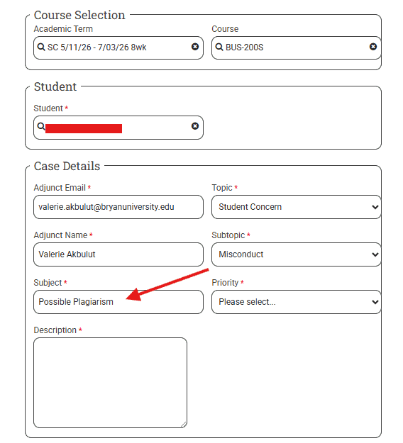 BU Resource Center image showing student case details related to possible plagiarism and misconduct.