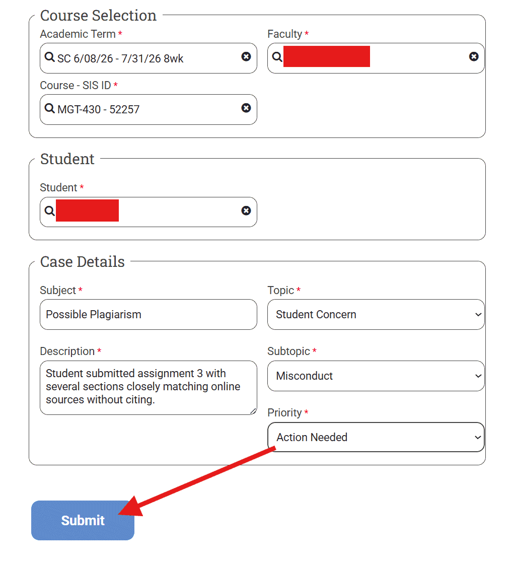 BU Resource Center student at-risk form for academic misconduct case details.