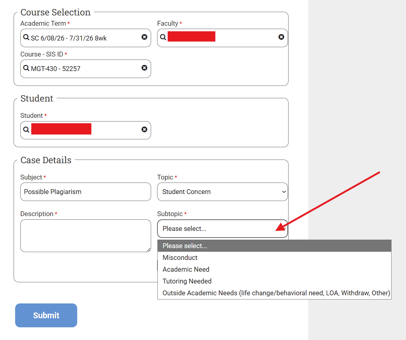 Student at-risk form interface showing course selection, student info, and case details for academic support.