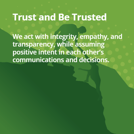 Text explaining trust and integrity is displayed next to a silhouette of a rock climber.