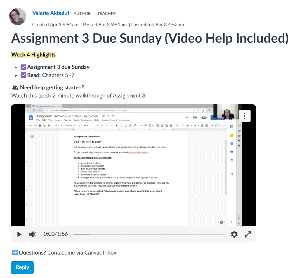 Screenshot of assignment instructions for students on creating clear, effective announcements in an online learning platform.