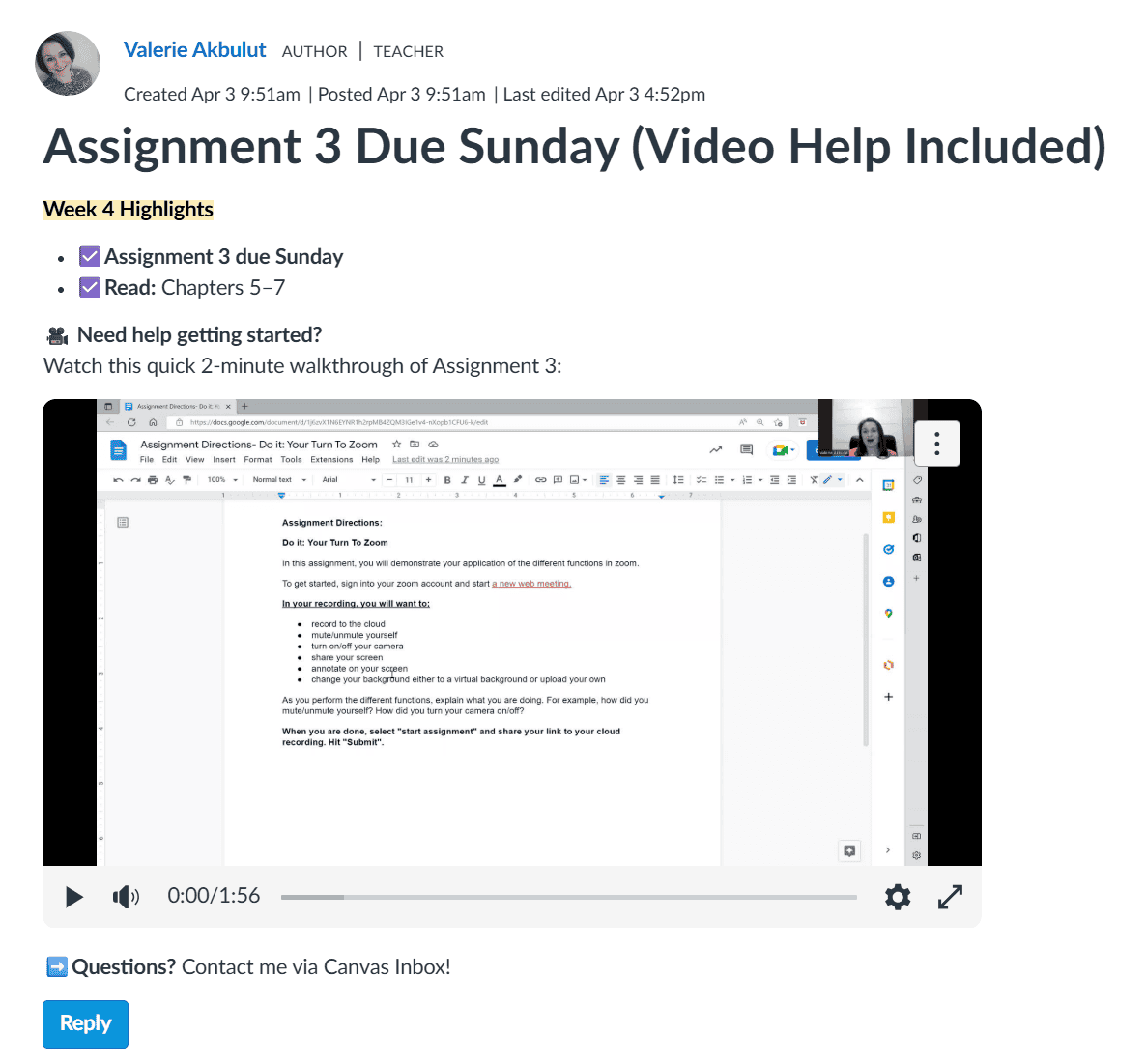 Screenshot of assignment instructions for students on creating clear, effective announcements in an online learning platform.