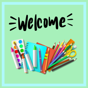Bright welcome announcement with school supplies and colorful stationery for new students.