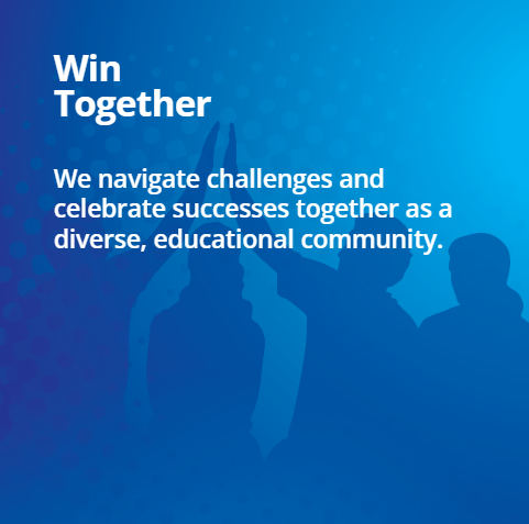 Blue graphic with text Win Together and a message about navigating challenges and celebrating successes.